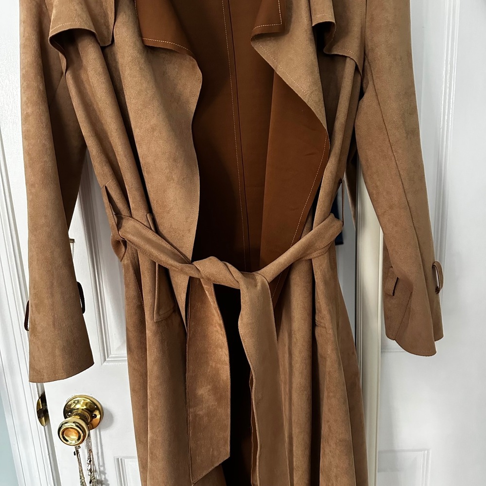 Women's Camel Faux Suede Belted Trench Coat Waterfall Collar - Picture 3 of 8